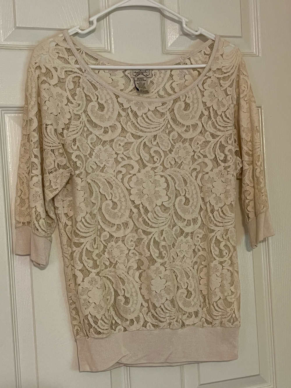 Eyelash Couture Sheer Lace Blouse Three-Quarter Sleeves Cream - Size M